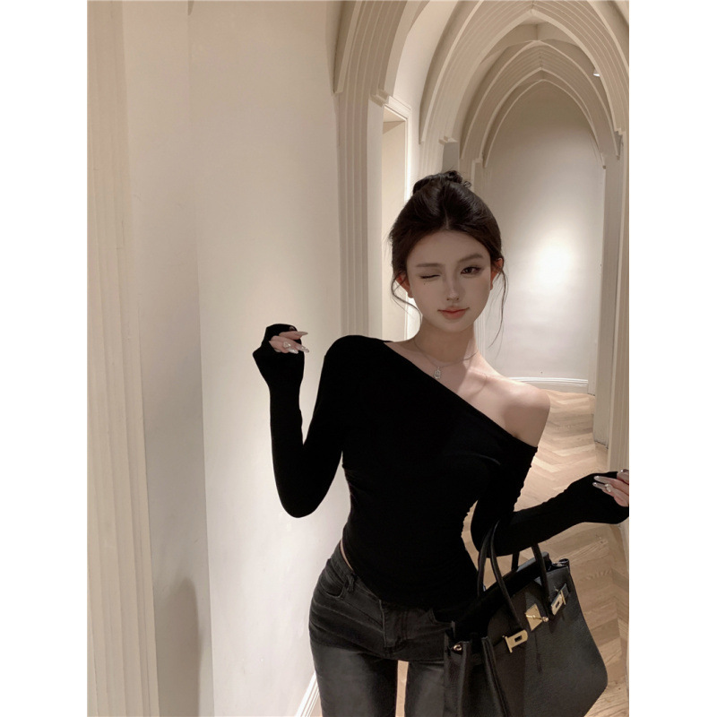 昕可达 斜肩抽褶露肩T恤女夏季内搭打底衫修身显瘦长袖针织上衣|undefined