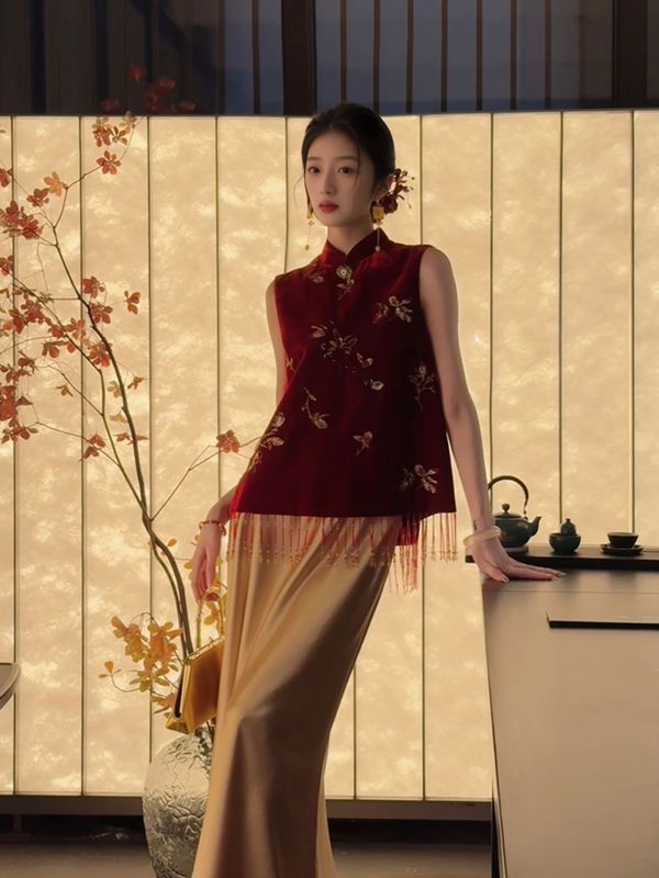 秋季新中式国风套装女红色刺绣流苏高端马甲时尚气质半身裙 N9024|undefined