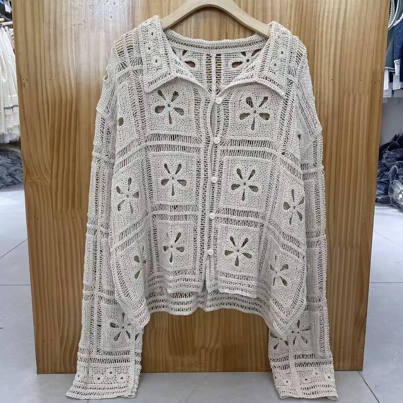 Japanese Mori Style Crochet Hollow Embroidery Knit Jacket for Women, Autumn New Age-Reducing Versatile Artistic Turn-Down Collar Top for Women Japanese Mori Style Crochet Hollow Embroidery Knit Jacket for Women, Autumn New Age-Reducing Versatile Artistic Turn-Down Collar Top for Women