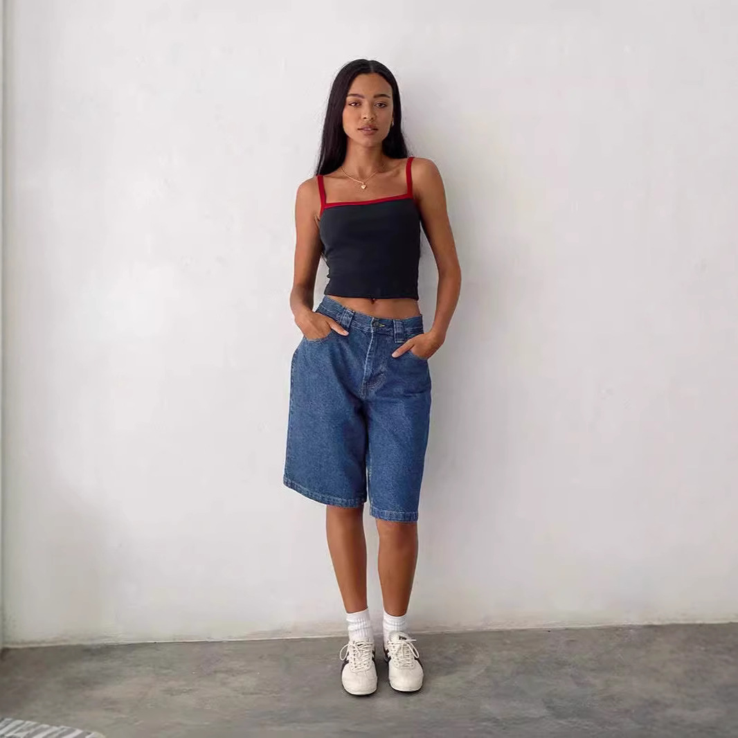 Bermudas de Jeans para Mujer, Mezcla de Algodón y Poliéster, Sin Elasticidad, Cintura Media