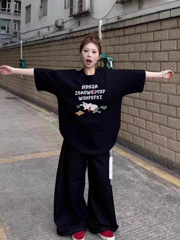 美式潮牌黑色短袖t恤女2025新款夏季宽松休闲oversize设计感上衣|undefined