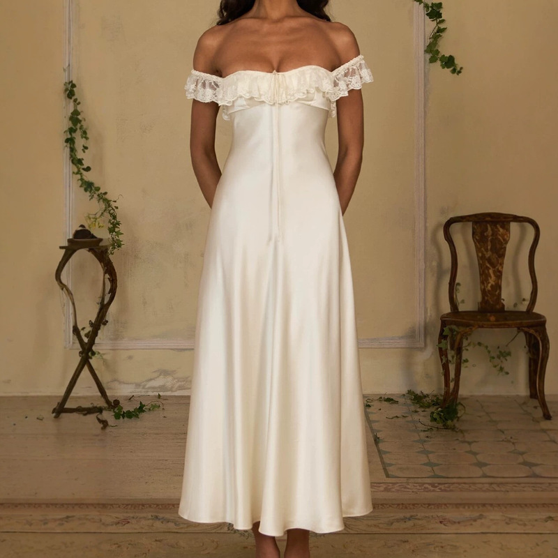 Cross-Border 2026 Women's Fashion Elegant Satin-Like A-Line Waist-Cinching Slimming Off-Shoulder Lace Trim Zipper Hook Dress Cross-Border 2026 Women's Fashion Elegant Satin-Like A-Line Waist-Cinching Slimming Off-Shoulder Lace Trim Zipper Hook Dress