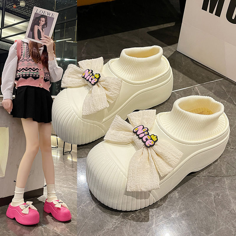 Cute Cartoon Bow Bag Heel Cotton Slippers for Women Winter Outer Wear Fleece-Lined Warm Waterproof Thick Sole Heightening Snow Boots