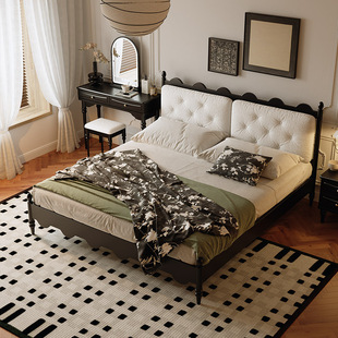 New French retro solid wood double bed American mid-ancient light luxury black 1.8 m soft bag wedding bed master bedroom bed
