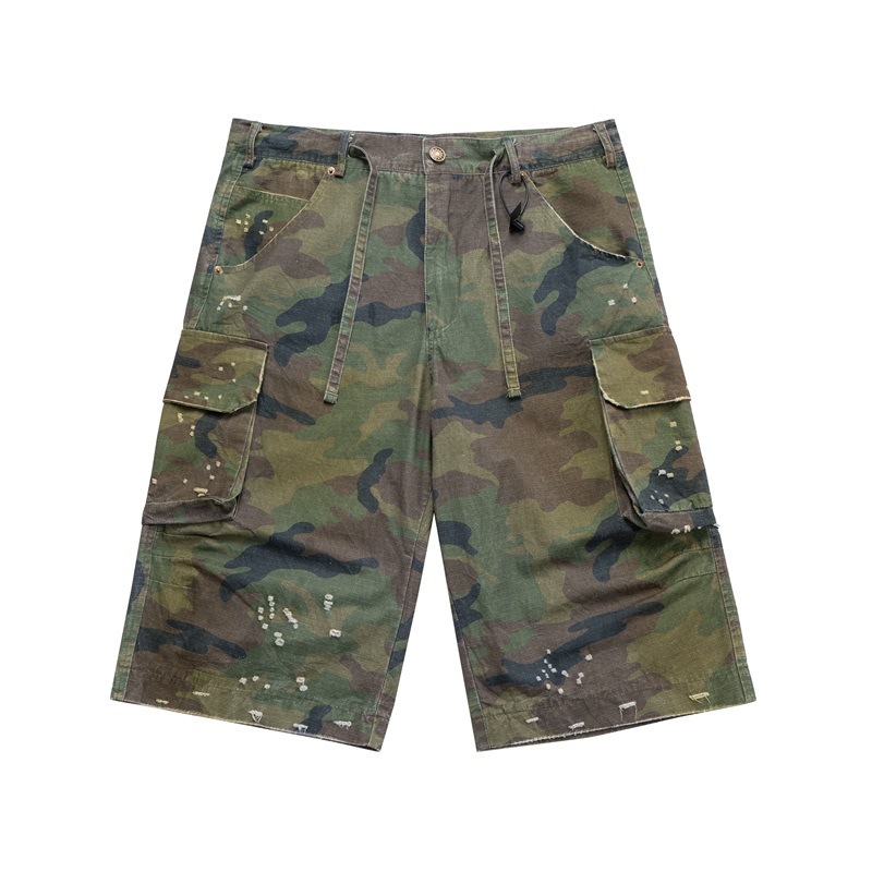 American Street Style Multi-Pocket Cargo Shorts for Men, Summer Loose Washed Distressed Camouflage 6-Point Shorts Camouflage