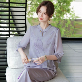 中年妈妈夏装国风小衫T恤衣服2025新款衬衫洋气质中老年女装套装