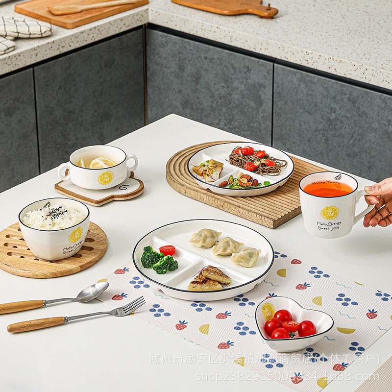 Compartmentalized Fat-Reducing Meal Plate for Home Breakfast Tableware, Children's Ceramic Weight Loss Portion Control Plate, Three-Compartment 211 Meal Plate for Adults