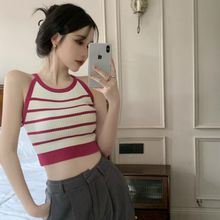 辣妹坑条削肩收腰小吊带上衣女条纹性感针织短款内搭打底背心