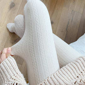 日系奶白色连裤袜女麻花纹针织加绒白丝袜纯欲秋冬加厚保暖打底裤
