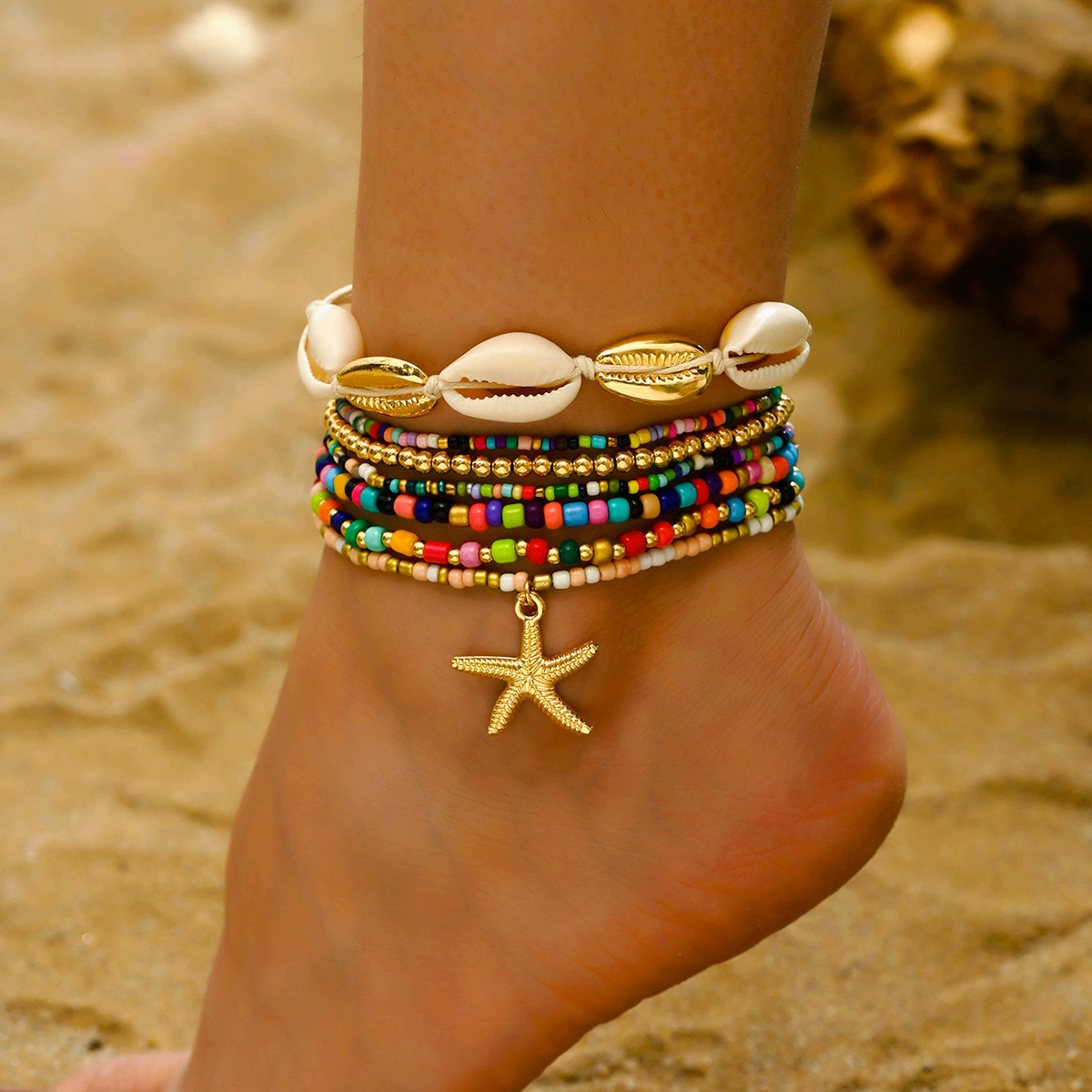 Европейский и американский трансграничный морской пляж Гавайский курорт ветер рисовая жемчужина однослойный минималистичный морской звездный ракушка ручной плетеный ножной браслет