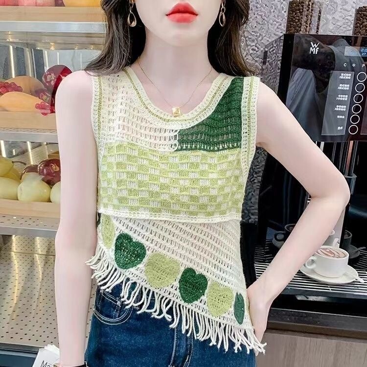 Hollow-Out Summer Retro Crochet Knit Vest, Irregular Fashion Short Style, New Vacation Camisole Top for Women, Korean Version Hollow-Out Summer Retro Crochet Knit Vest, Irregular Fashion Short Style, New Vacation Camisole Top for Women, Korean Version