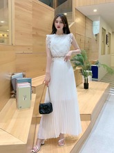 海边度假蕾丝无袖女神上衣长款雪纺压褶显瘦高腰半身裙两件套跨境