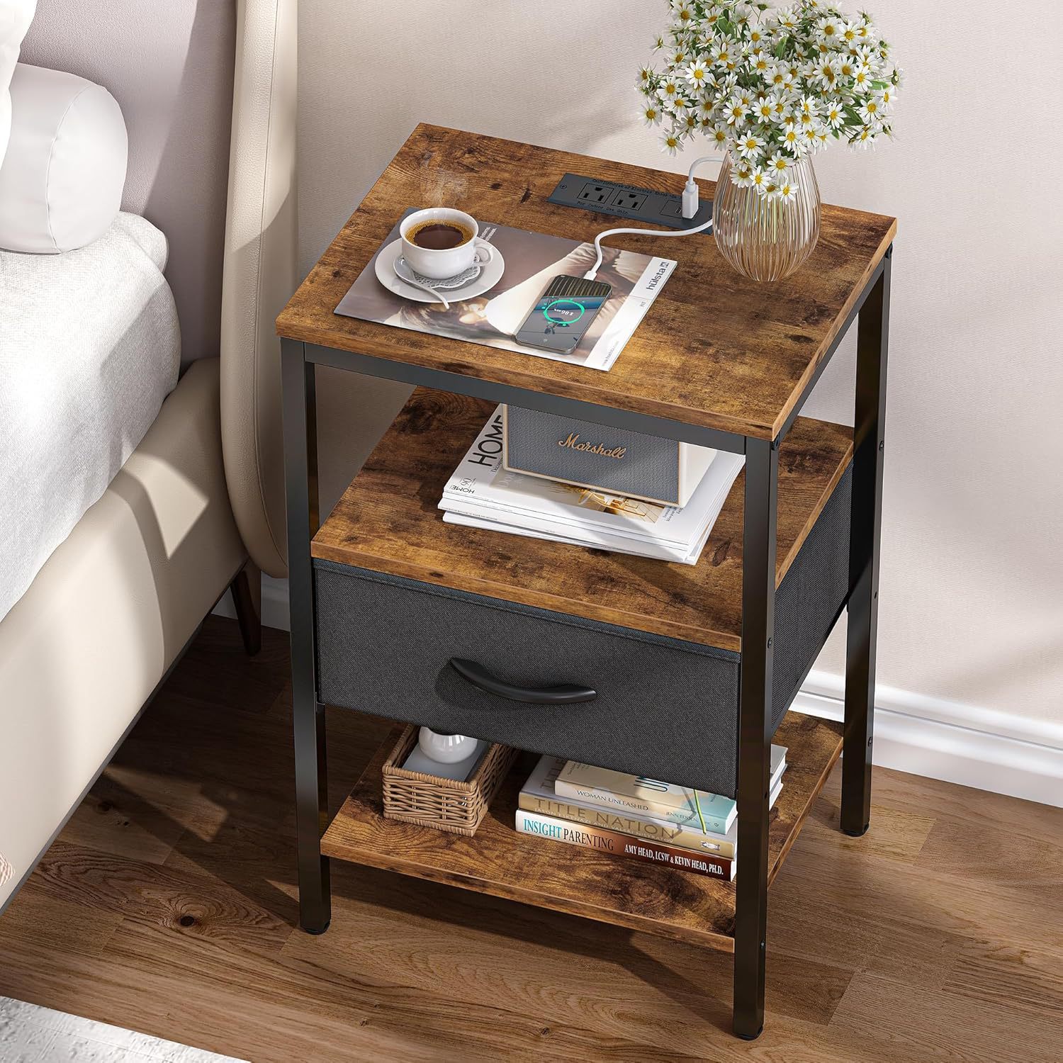 Cross-Border Popular Bedside Table with Charging Panel Sofa Drawer Side Table for Bedroom Bedside Table Three-Layer Multi-Function
