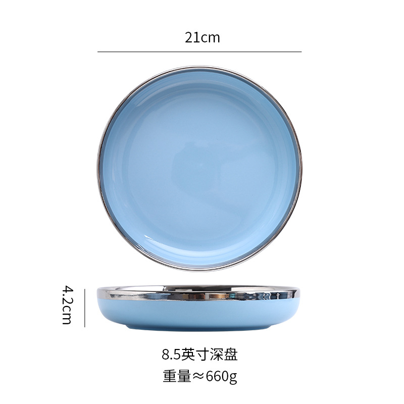 Borde de plata Azul luz vajilla de cerámica de lujo Occidental plato tazón de fuente traje combinación plato de sopa tazón de arroz plato de carne