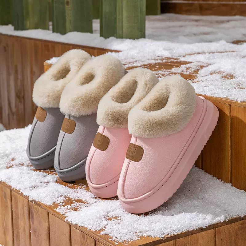 熊头卡通包跟棉拖鞋女秋冬室内加绒保暖月子鞋外穿情侣毛绒雪地靴