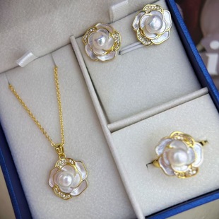 Natural Freshwater Pearl Pendant Earrings Light Luxury High-End Oil Dripping Micro-Paved Zircon Camellia Pearl Set Wholesale