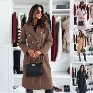 Cross-border foreign trade European and American women's clothing Amazon 2024 autumn and winter simple fashion solid color double-breasted strap wool coat