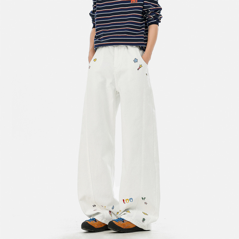 American-Style Washed Embroidered Jeans for Men, 2026 New Summer Loose Straight-Leg Pants with Trendy Design