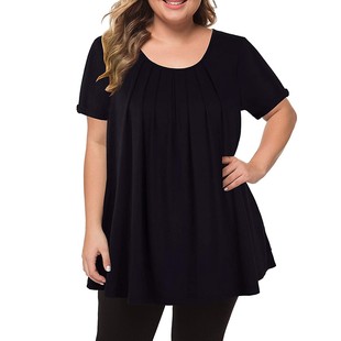 2023 Foreign Trade Large Size Women's wish Amazon European and American Explosions Round Neck Solid Color Pleated Short Sleeve Casual T-shirt