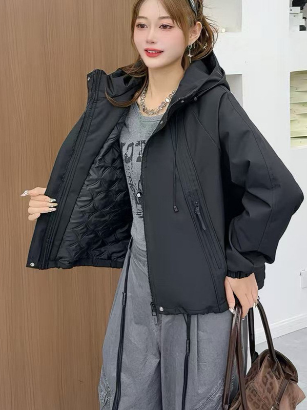 连帽简约通勤夹棉加厚女短外套2025秋冬季运动风时尚户外时尚防风|undefined
