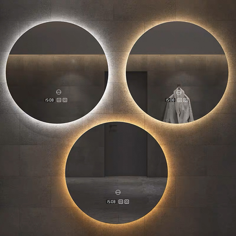 Espejo redondo colgado de pared espejo de baño inteligente con lámpara LED pantalla táctil inductiva anti-fog luminiscente espejo colgado de pared