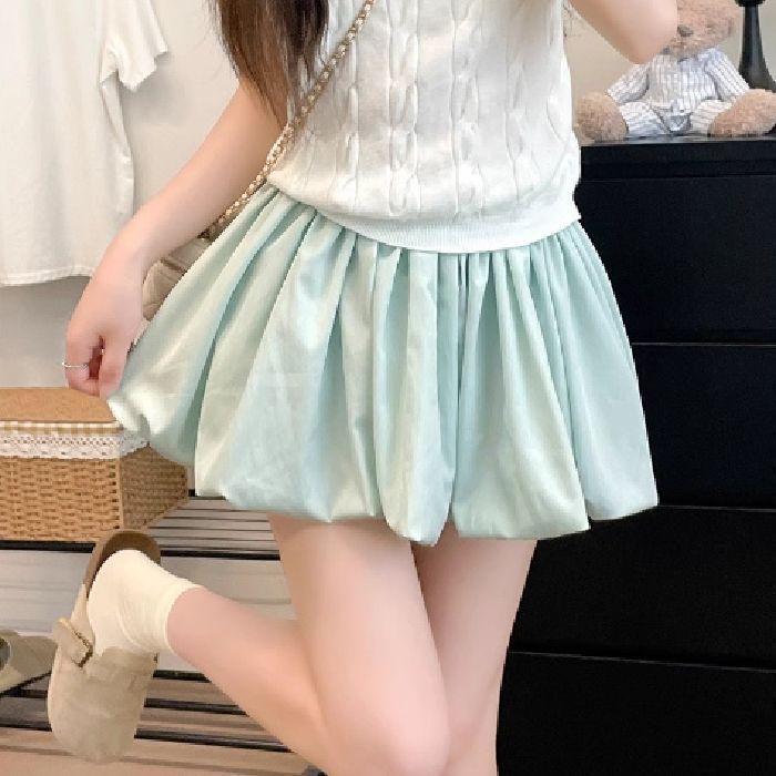 韩系甜美红色花苞短裙女春秋薄款小个子高腰慵懒百搭显瘦蓬蓬裙裤|undefined