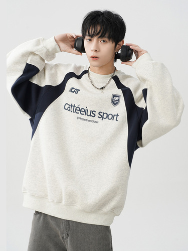 American heavy contrast color stitching round collar sweaters for men and women autumn oversize design casual base tops trend