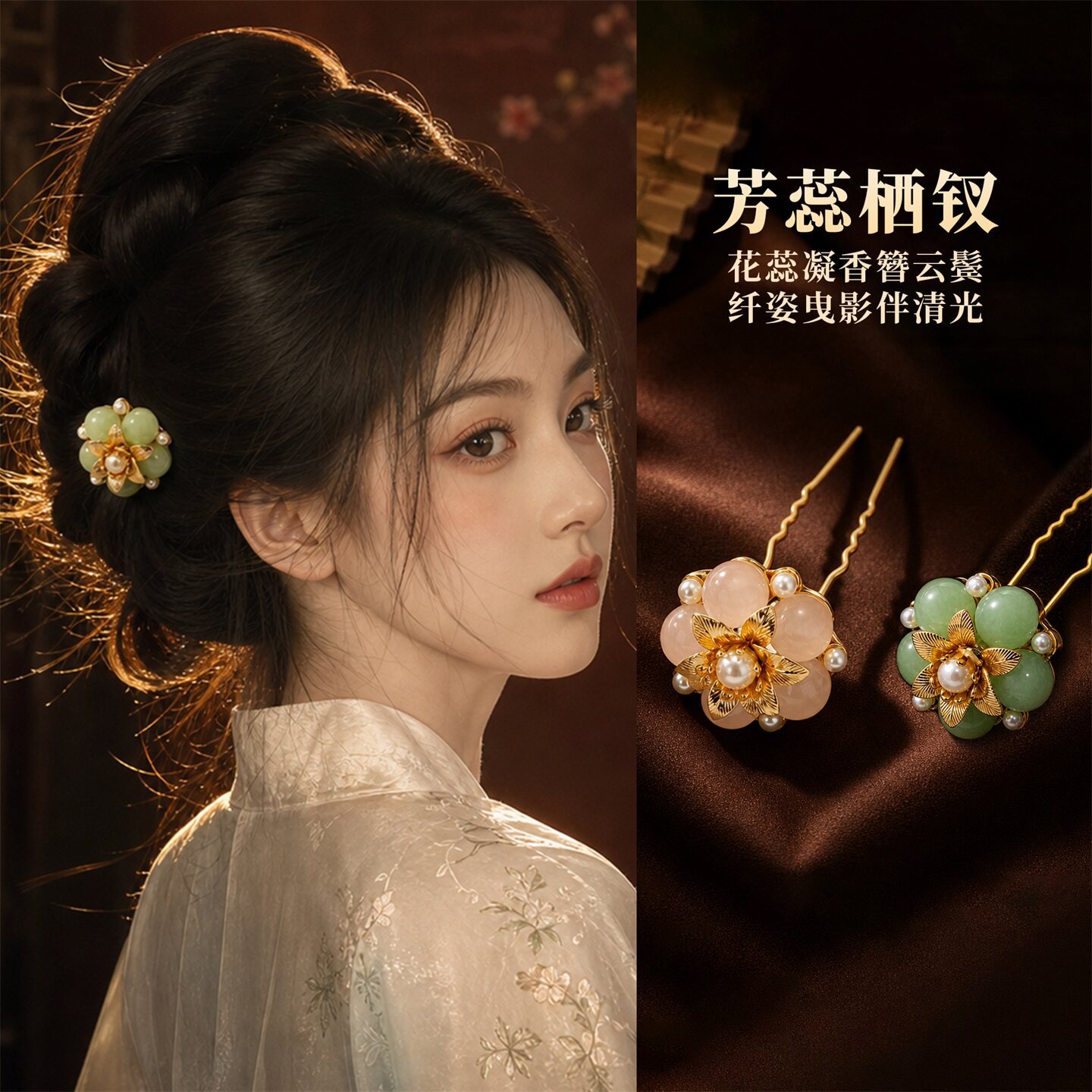 新中式花朵u型发簪汉服古风旗袍盘发高级感点缀小发钗发饰品礼物