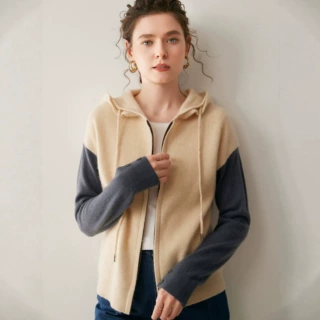 上身实在赞！连帽山羊绒衫女针织开衫秋冬拼色宽松外套毛衣休闲装