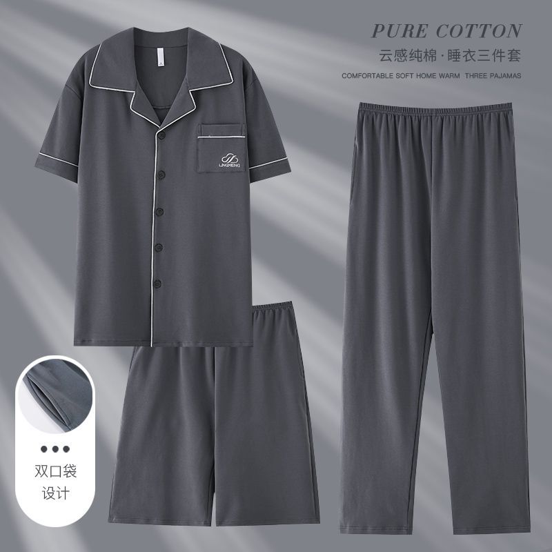 Pijamas de algodón para hombre de tres piezas pantalones cortos de rebeca de manga corta de verano pantalones ropa a domicilio de talla grande
