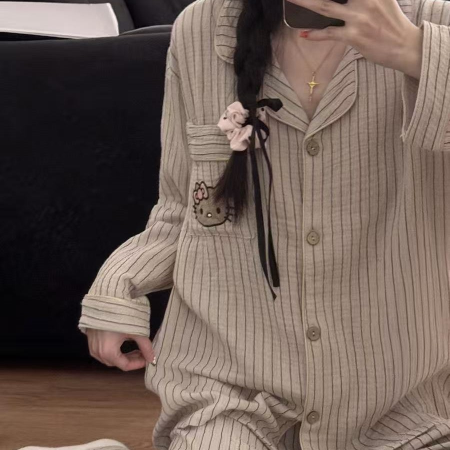 Yunduo Cotton Two-Piece Pajamas for Women Spring & Fall New Long-Sleeved Pants Cartoon Cute Girl Casual Home Wear Set