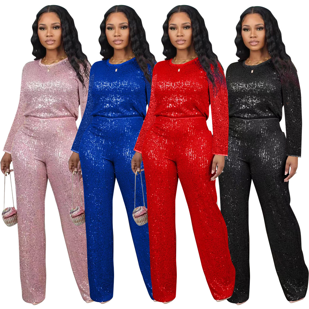 Women's Clothing new sequined solid color long sleeved trousers two piece set_voghion.com