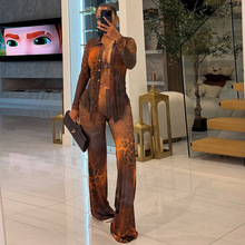 D25ST313外贸女装豹纹印花网纱翻领长袖纽扣开衫喇叭长裤两件套装