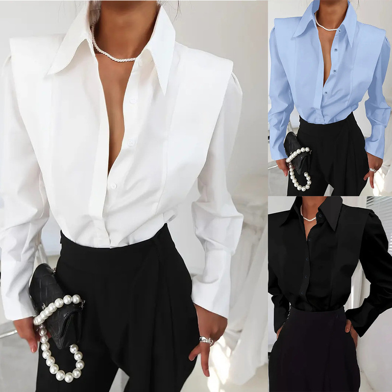 Autumn New Right-Angle Shoulder White Shirt Women's European and American Commuter Style Design Niche Long-Sleeved Shirt Top