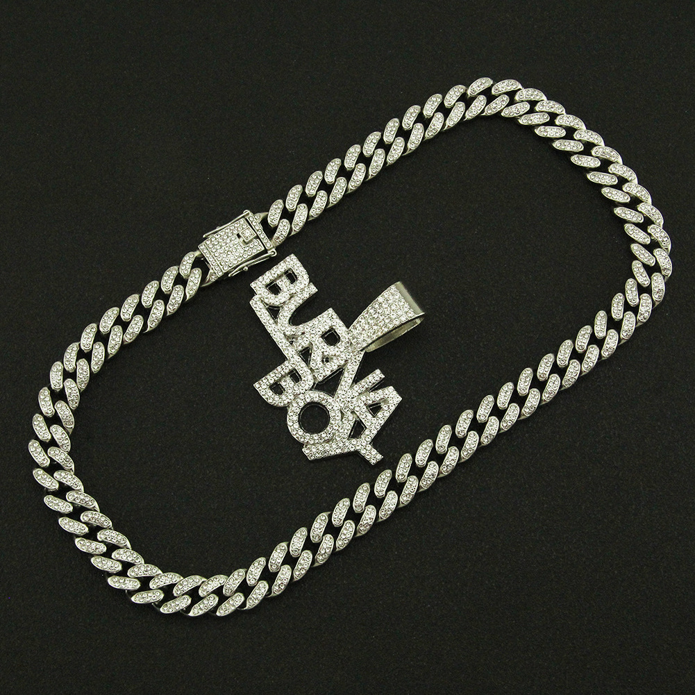 Fashion Full Of Diamond Stitching Letter Pendant Cuban Chain Necklace display picture 3