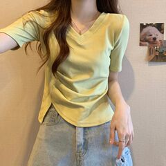棉褶皱v领正肩T恤女夏季洋气显瘦不规则设计感小心机短袖上衣潮