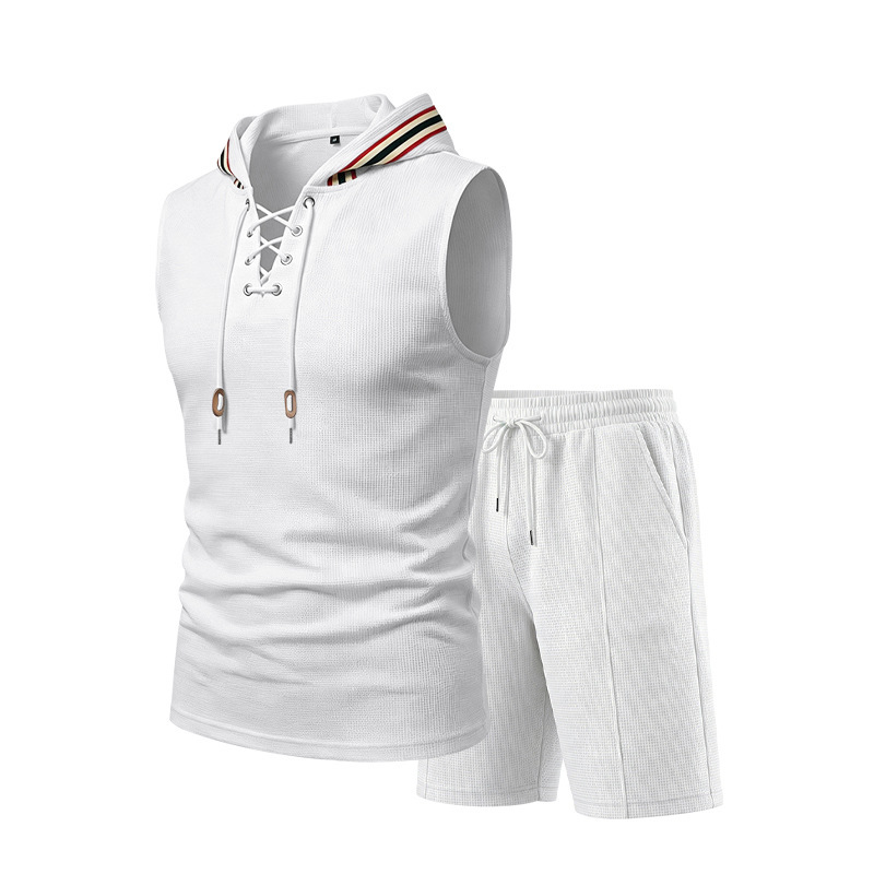 Men's Summer Hooded Vest And Shorts Set, Casual Loose Fit Breathable Athletic Two-Piece Outfit With Color Block Design_viptrois.com