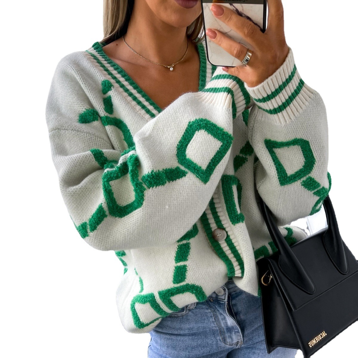 2025 Transfronterizo Amazon otoño e invierno nuevo estilo casual letras de contraste de color de un solo pecho suéter de punto de manga larga chaqueta de punto