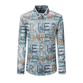 欧美风2025新款轻奢帅痞修身数码印花男士长袖衬衫英文字母上衣