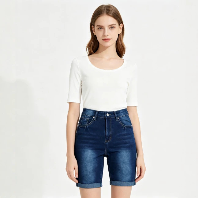 Amazon women's high-waisted tight-fitting stretch denim shorts with frayed back pockets and rolled edges, slim-fit denim knee-length shorts for women, foreign trade Amazon women's high-waisted tight-fitting stretch denim shorts with frayed back pockets and rolled edges, slim-fit denim knee-length shorts for women, foreign trade