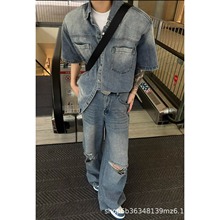 破洞牛仔裤男2025夏季新款美式高街设计感小众做旧宽松直筒长裤子