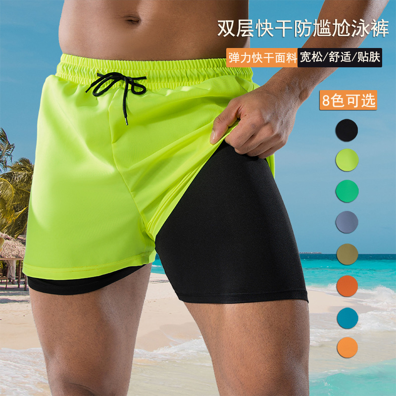 in stock Adult Swimming Trunks Men's New Flat Corner Anti-embarrassment Double Layer Loose Swimming Trunks Quick-drying plus size Hot Spring Beach Trunks