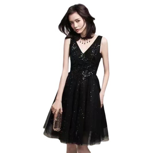 Vesta de noche negra, vestido de fiesta corto, temperamento de celebridad cuello cuadrado, vestido de princesa de cuello en V