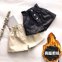 女童秋冬加绒高腰皮短裤加厚爆款儿童时尚潮范百搭短裤中大童靴裤