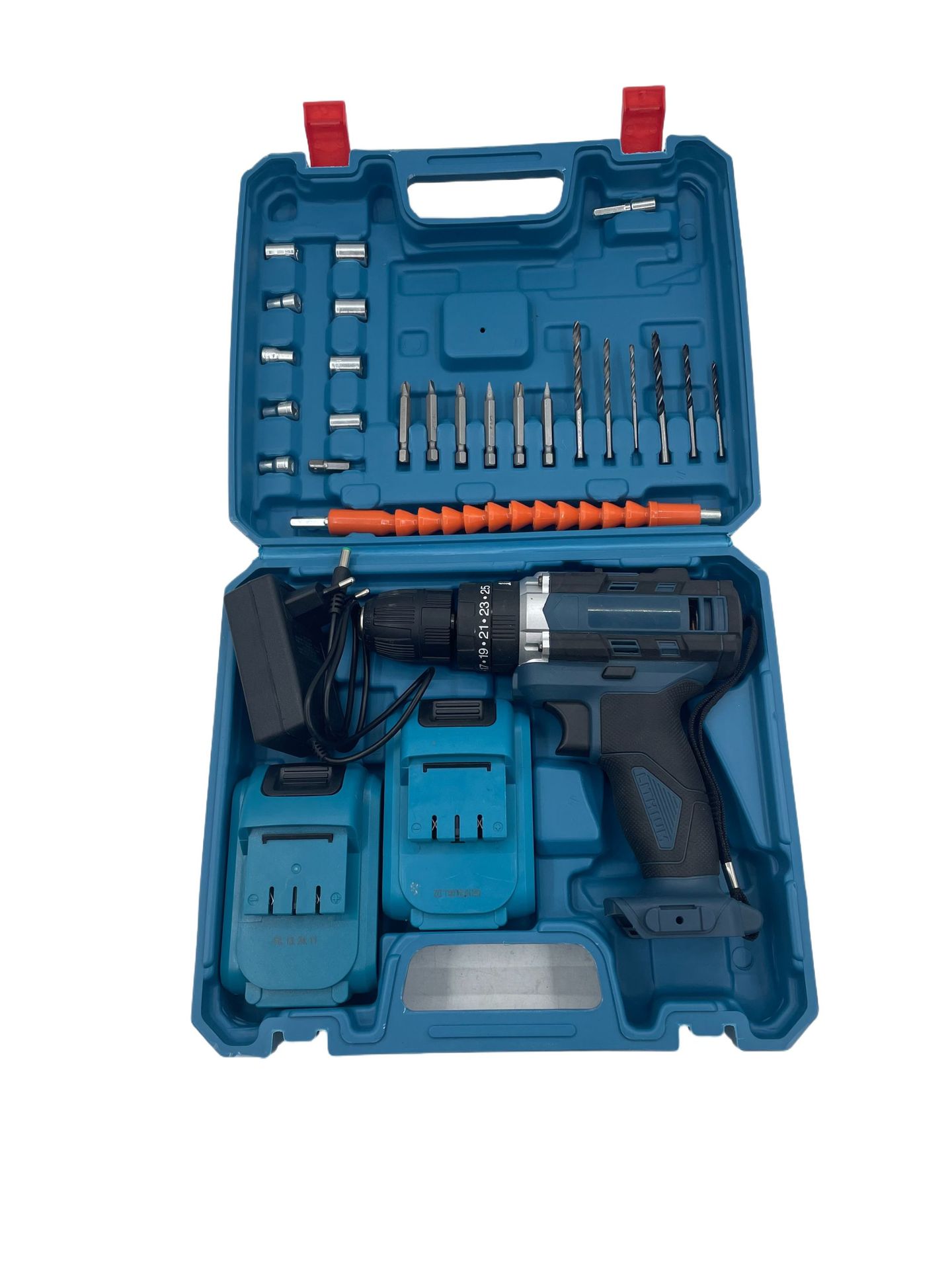 Modelo privado 21v 2 dos electricidad y un traje de carga azul