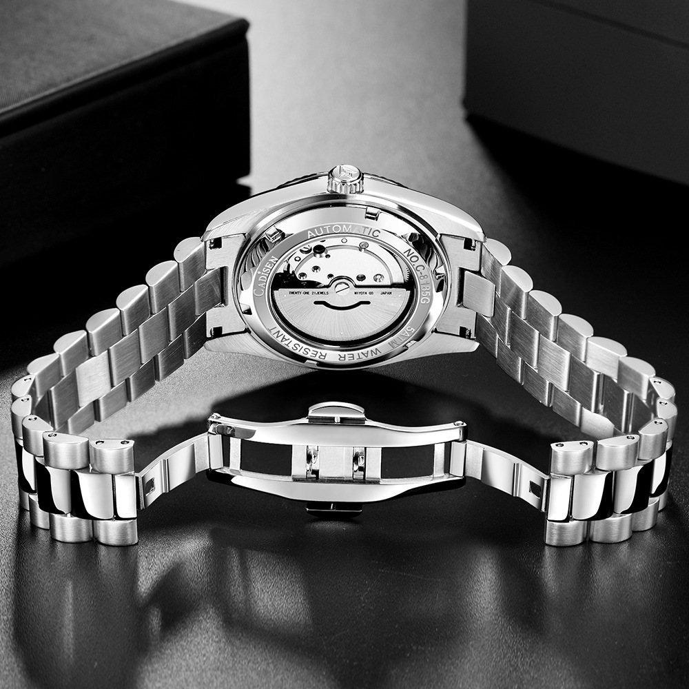 Cadisson CADISEN8185 nueva cáscara de acero inoxidable reloj mecánico automático reloj de los hombres del calendario de zafiro