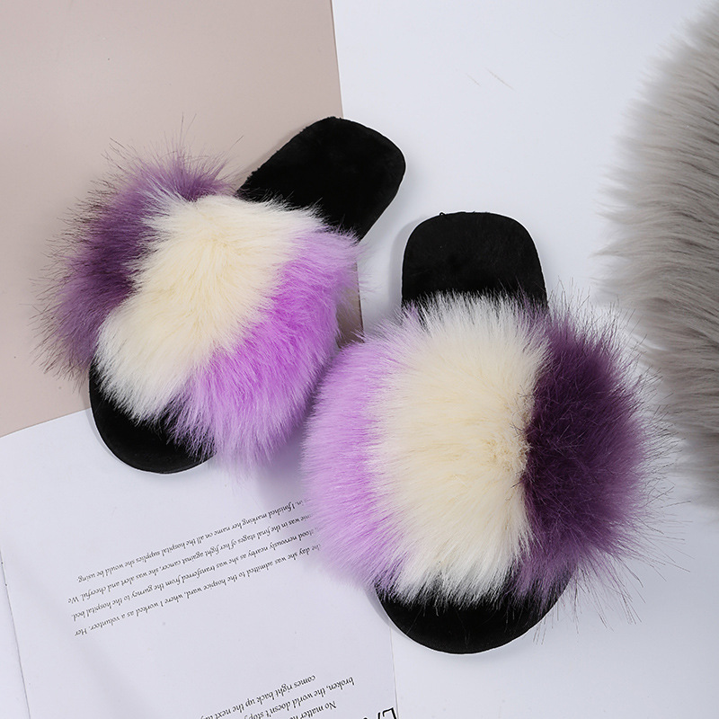 Foreign Trade Amazon New Imitation Fox Raccoon Fur Slippers Cotton Slippers Fur Slippers Flat Bottom Slippers