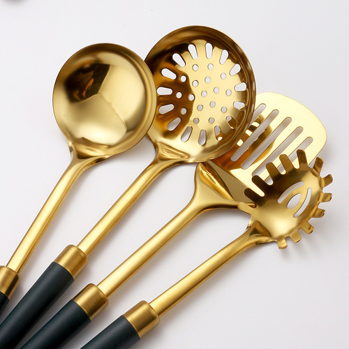 Stainless steel kitchen spatula household cooking spoon steak frying spatula long handle titanium plated cooking spatula kitchen utensil set