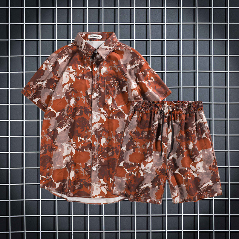 해외 무역 비치 의류 세트 하와이 남성 반팔 셔츠 패션 브랜드 잉크 타이 염료 느슨한 해변 플러스 사이즈 투피스 세트