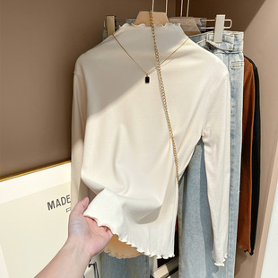 4290# real shot de velvet semi-high collar bottoming shirt women's autumn and winter fleece-lined thickened 2025 new long sleeve T-shirt